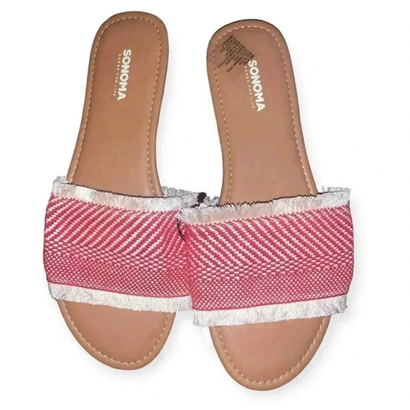 SONOMA Isabelle Red Cream Fabric Fringed Slides Sandals - Picture 1 of 2